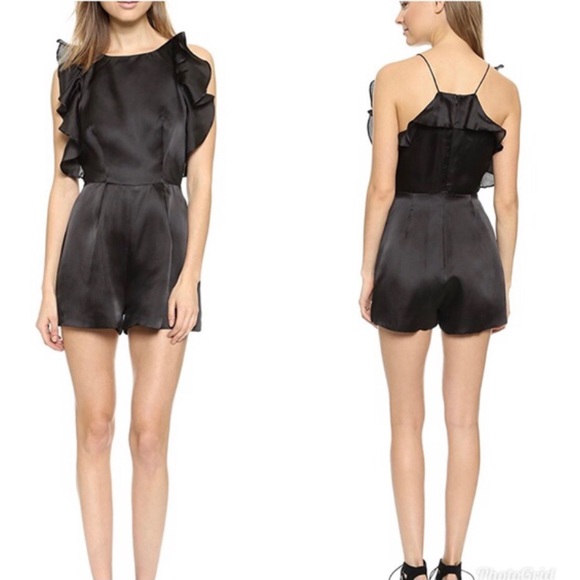 Keepsake Falling For You Silk Ruffle Trim Sides Pleated Short Romper Black Small - Picture 15 of 16